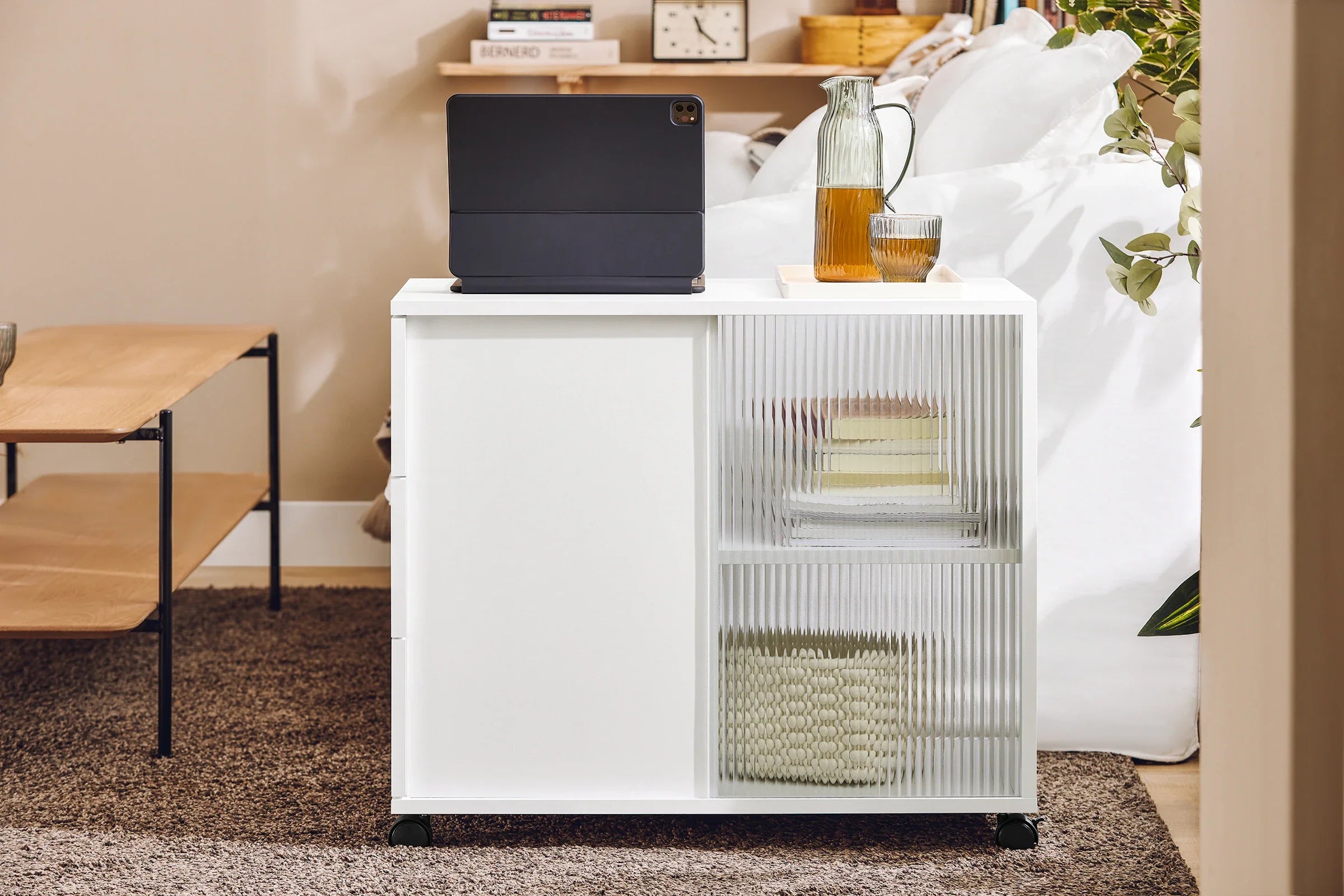 Rollcontainer 35 Ã— 61 Ã— 70 cm mit GlastÃ¼ren und 3 Schubladen â€“ Druckertisch auf Rollen