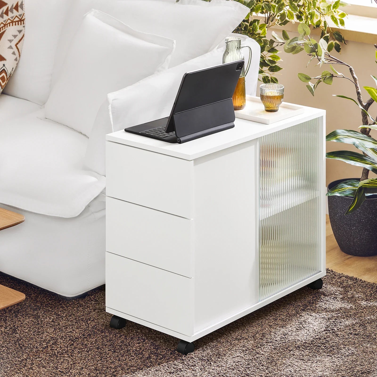 Rollcontainer 35 Ã— 61 Ã— 70 cm mit GlastÃ¼ren und 3 Schubladen â€“ Druckertisch auf Rollen