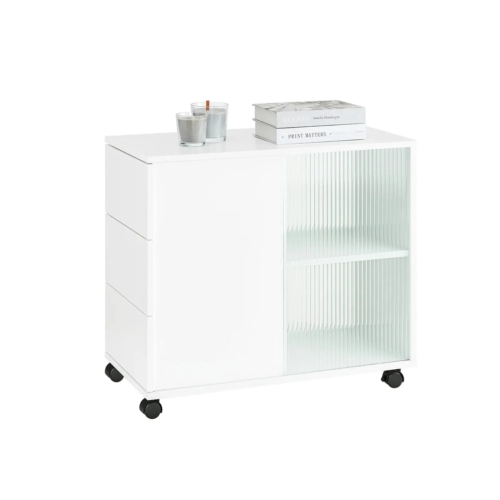Rollcontainer 35 Ã— 61 Ã— 70 cm mit GlastÃ¼ren und 3 Schubladen â€“ Druckertisch auf Rollen