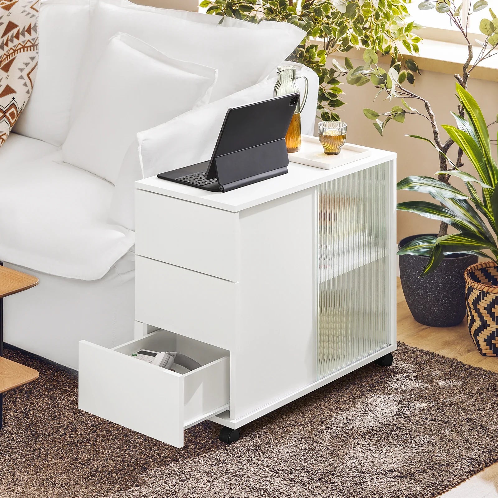Rollcontainer 35 Ã— 61 Ã— 70 cm mit GlastÃ¼ren und 3 Schubladen â€“ Druckertisch auf Rollen