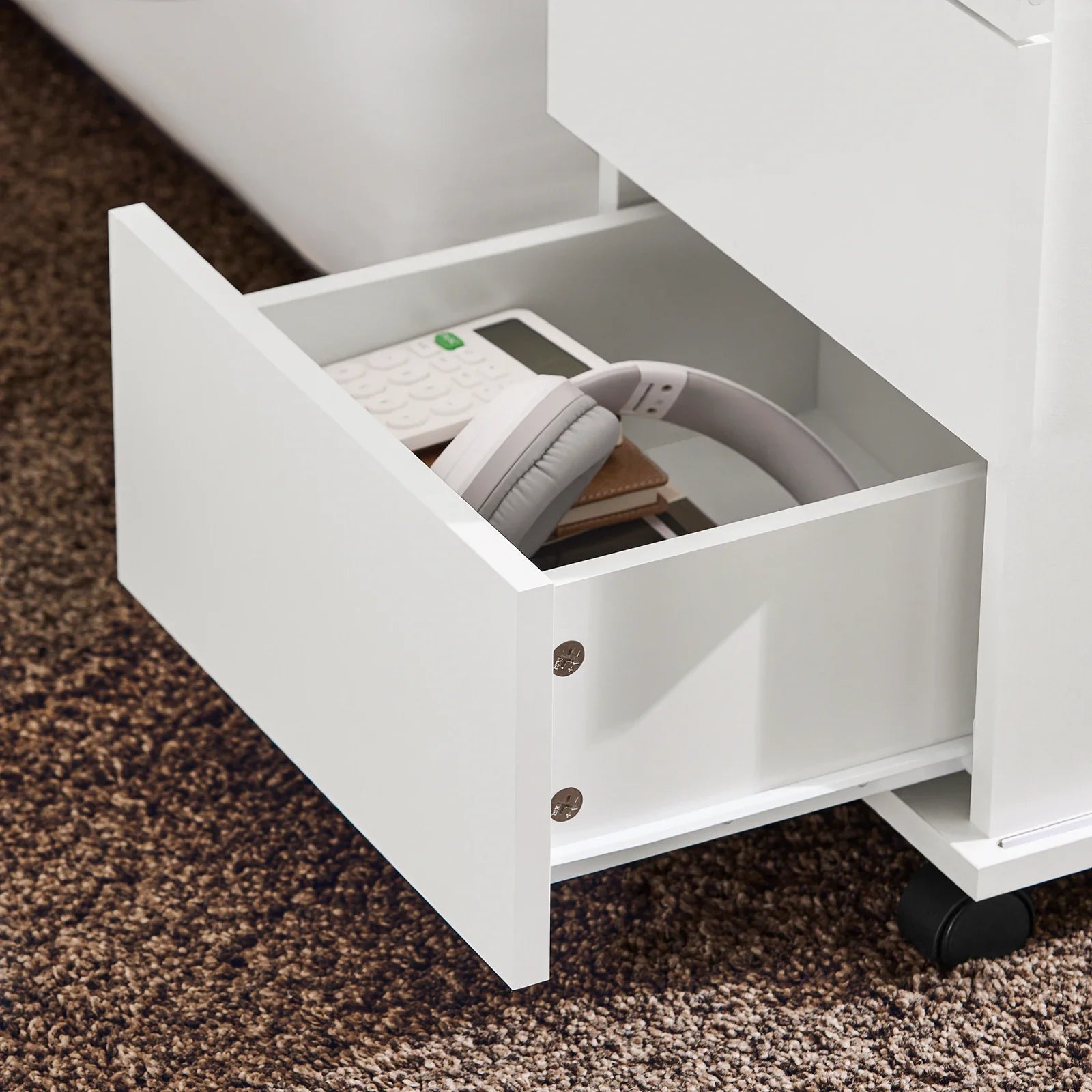 Rollcontainer 35 Ã— 61 Ã— 70 cm mit GlastÃ¼ren und 3 Schubladen â€“ Druckertisch auf Rollen