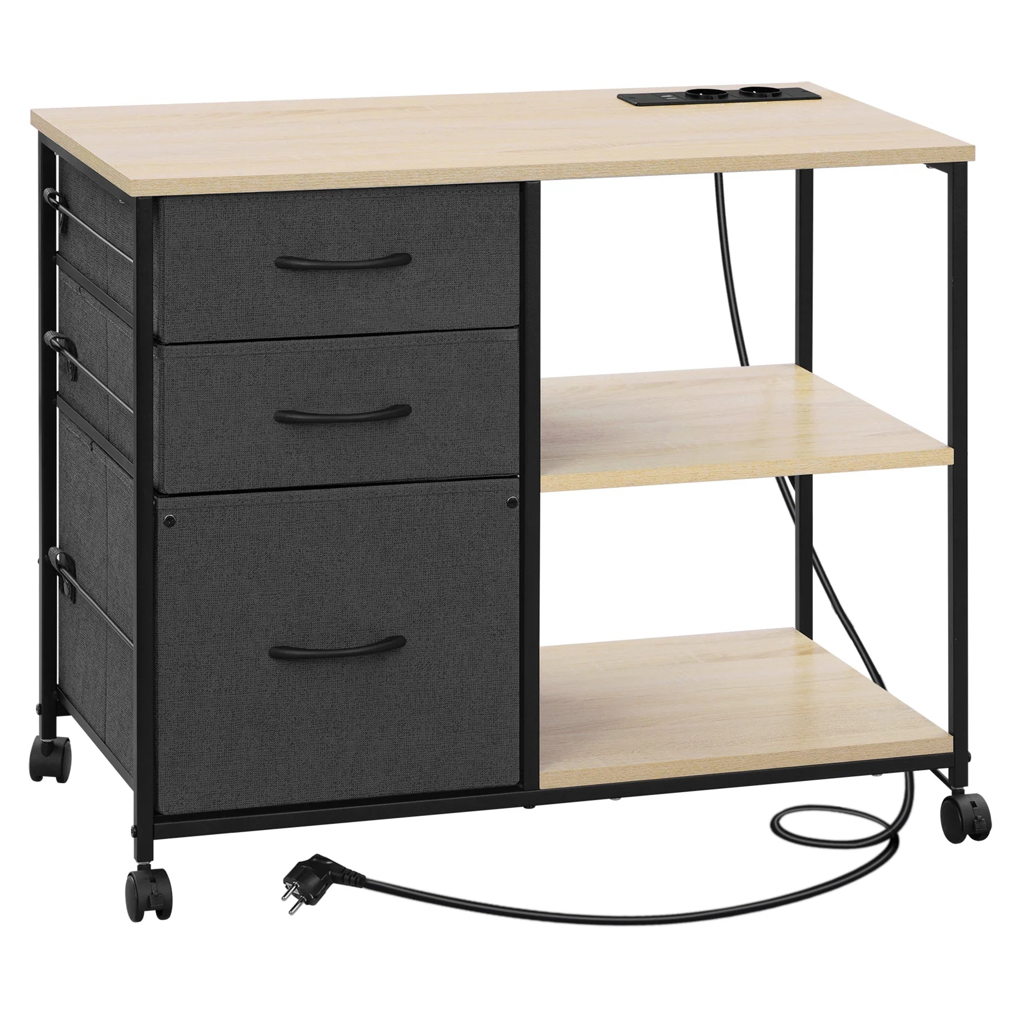 Rollcontainer 80 Ã— 66 Ã— 40 cm mit Ladestation und 3 Stoffschubladen â€“ Druckertisch auf Rollen