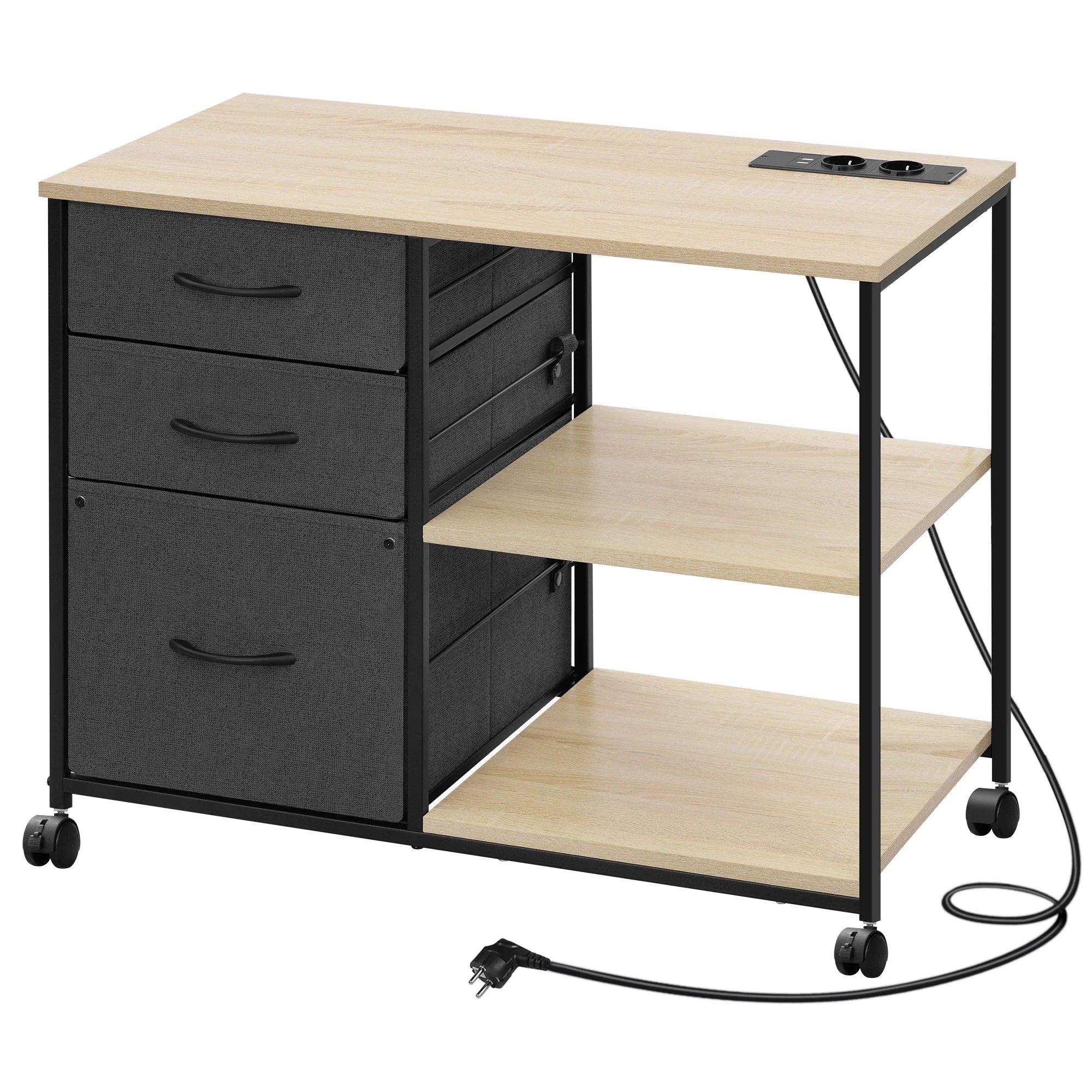 Rollcontainer 80 Ã— 66 Ã— 40 cm mit Ladestation und 3 Stoffschubladen â€“ Druckertisch auf Rollen