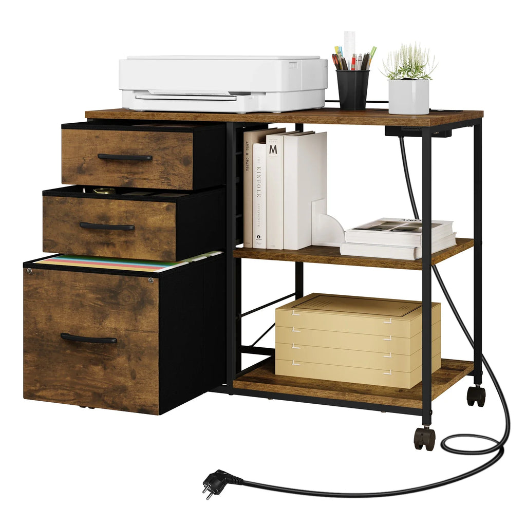 Rollcontainer 80 Ã— 66 Ã— 40 cm mit Ladestation und 3 Stoffschubladen â€“ Druckertisch auf Rollen