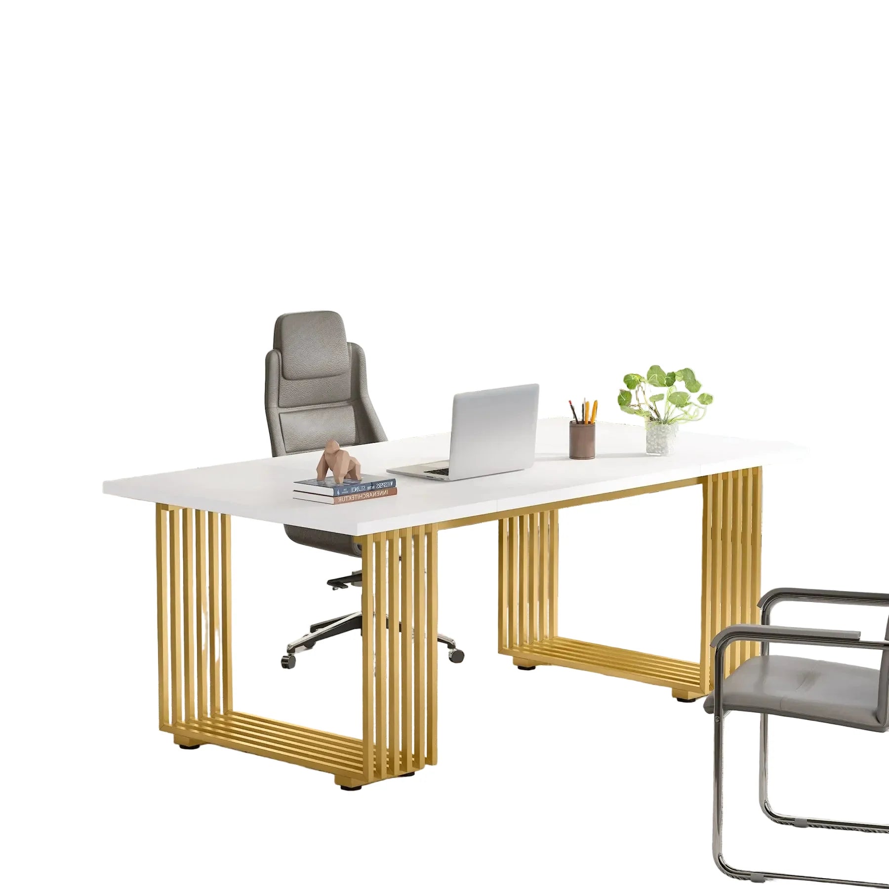 Schreibtisch 180 Ã— 80 cm mit Metallgestell â€“ Computer- und Konferenztisch in WeiÃŸ/Gold
