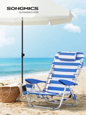 Faltbarer Strand- und Campingstuhl mit abnehmbarer Kopfstütze, Verstellbare Rückenlehne bis 180°, Aluminiumrahmen, Getränkehalter und Seitentasche, Belastbar bis 150 kg