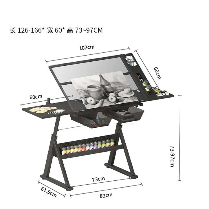 HÃ¶henverstellbarer Zeichentisch mit Glasplatte 74â€“93 cm â€“ Neigbare ArbeitsflÃ¤che 0â€“80Â°