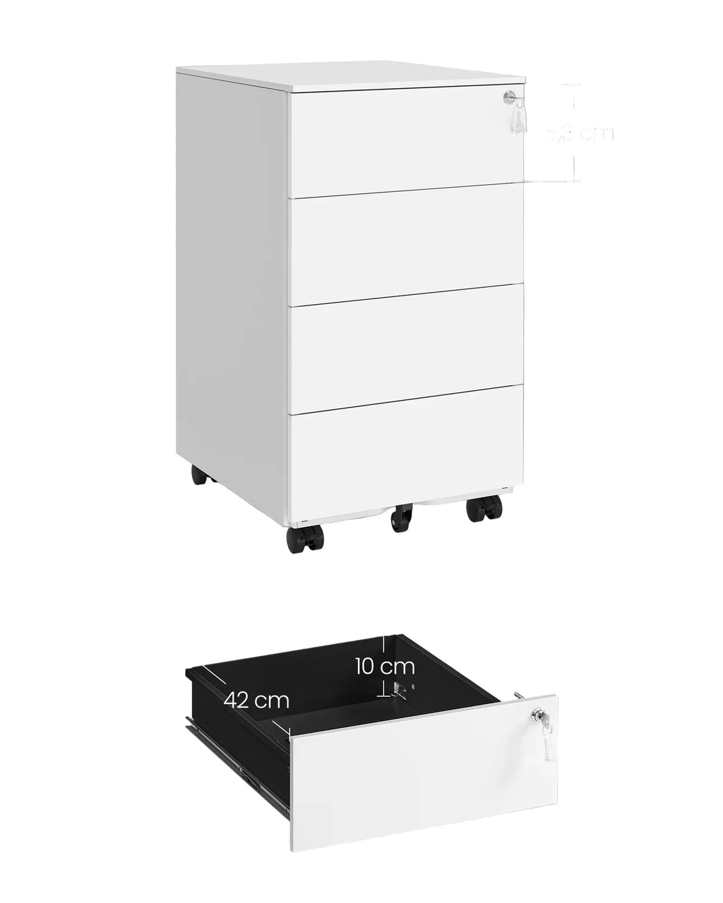Rollcontainer 45,1 Ã— 39 Ã— 69,3 cm aus Stahl mit 4 Schubladen â€“ AbschlieÃŸbarer Aktenschrank auf Rollen