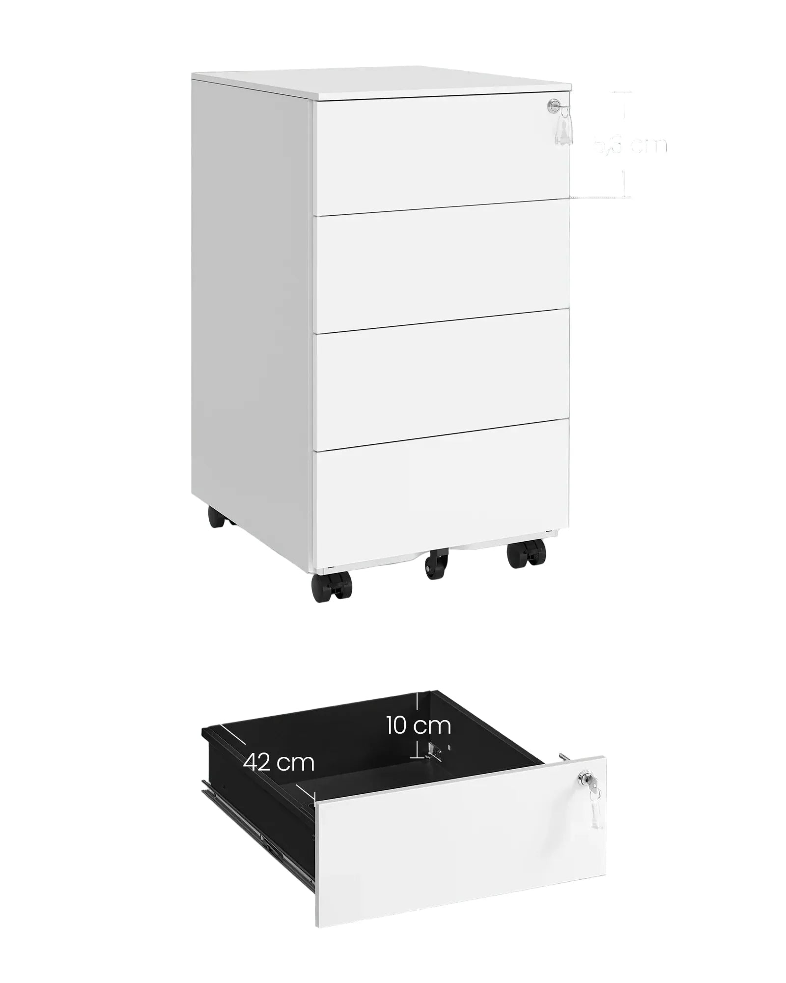 Rollcontainer 45,1 Ã— 39 Ã— 69,3 cm aus Stahl mit 4 Schubladen â€“ AbschlieÃŸbarer Aktenschrank auf Rollen