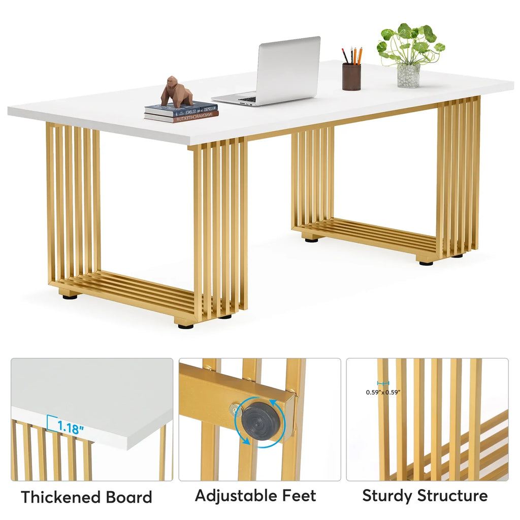 Schreibtisch 180 Ã— 80 cm mit Metallgestell â€“ Computer- und Konferenztisch in WeiÃŸ/Gold