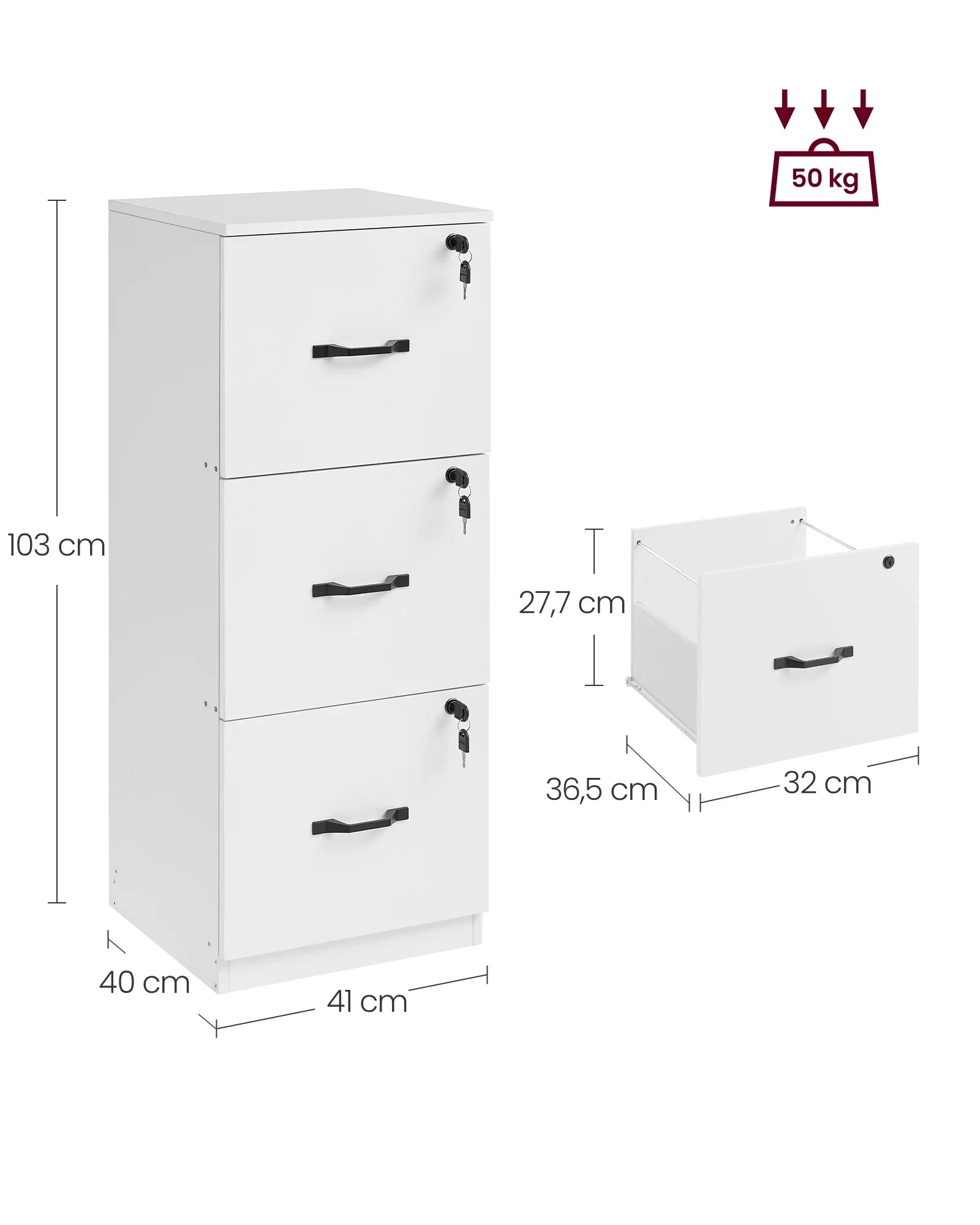 Aktenschrank 40 Ã— 41 Ã— 103 cm mit 3 abschlieÃŸbaren Schubladen â€“ WeiÃŸ