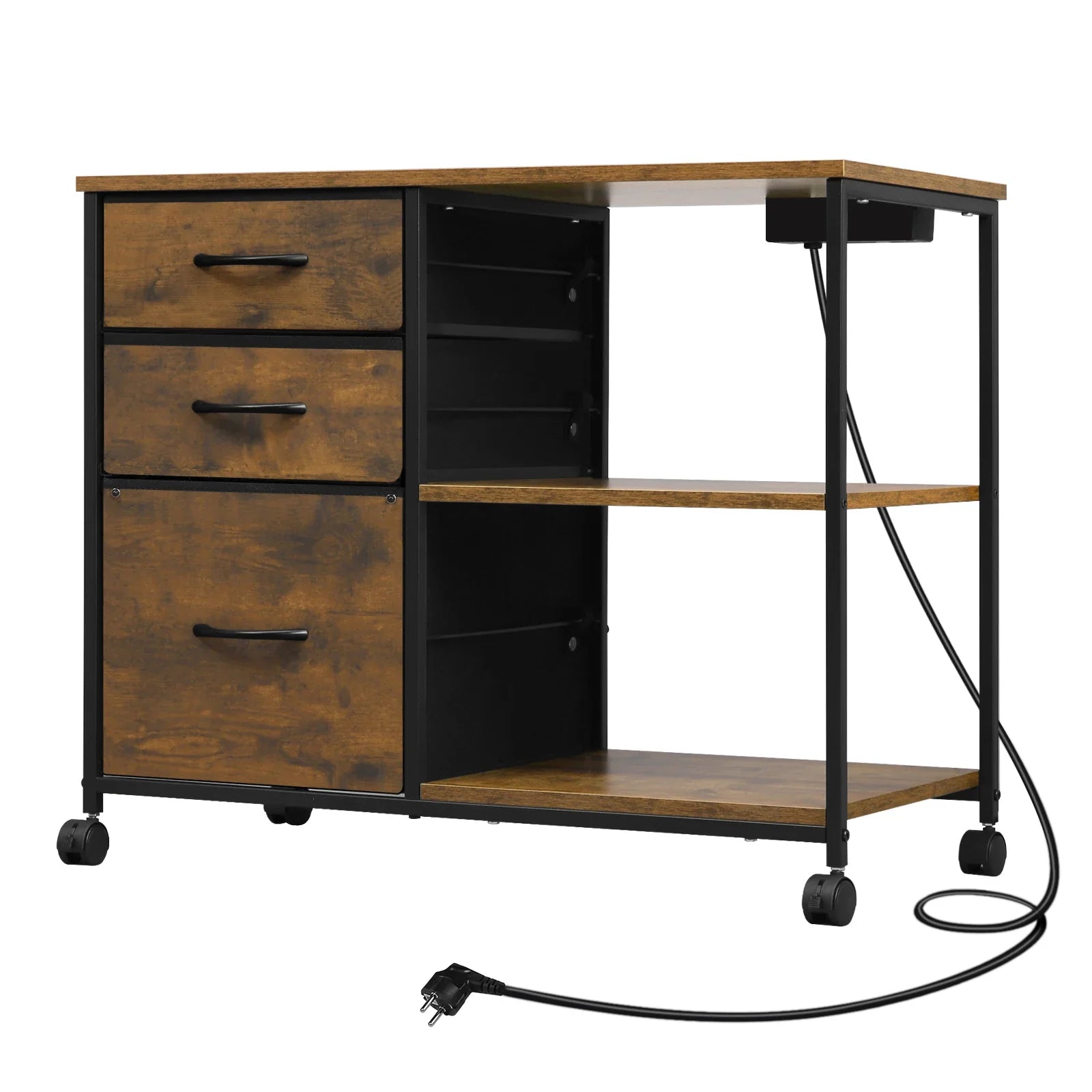 Rollcontainer 80 Ã— 66 Ã— 40 cm mit Ladestation und 3 Stoffschubladen â€“ Druckertisch auf Rollen