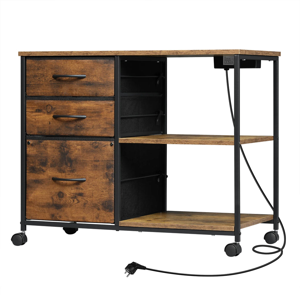 Rollcontainer 80 Ã— 66 Ã— 40 cm mit Ladestation und 3 Stoffschubladen â€“ Druckertisch auf Rollen
