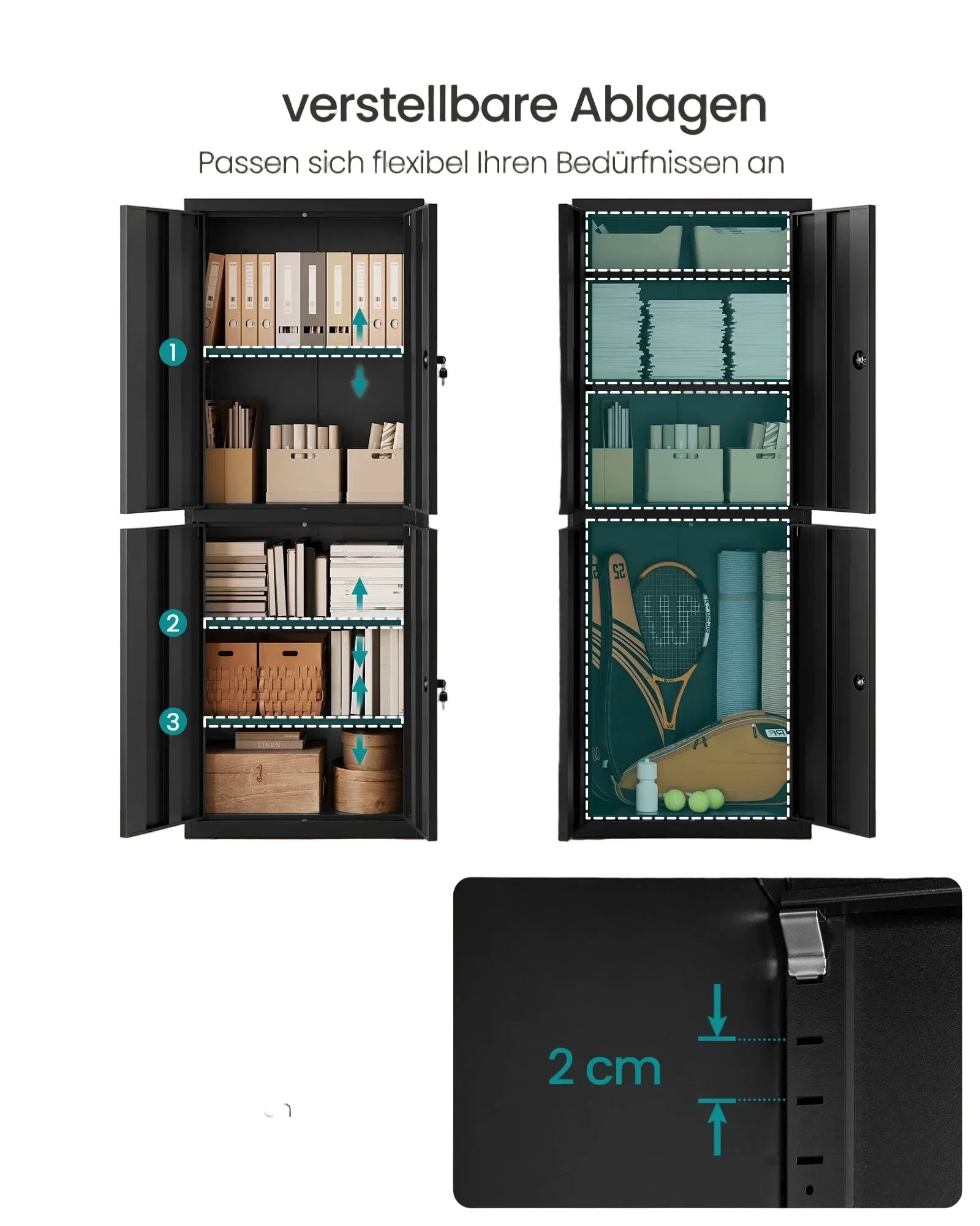 Metall-Aktenschrank 40 Ã— 60 Ã— 180 cm mit 4 TÃ¼ren und 2 SchlÃ¶ssern â€“ 5 Ebenen, Schwarz