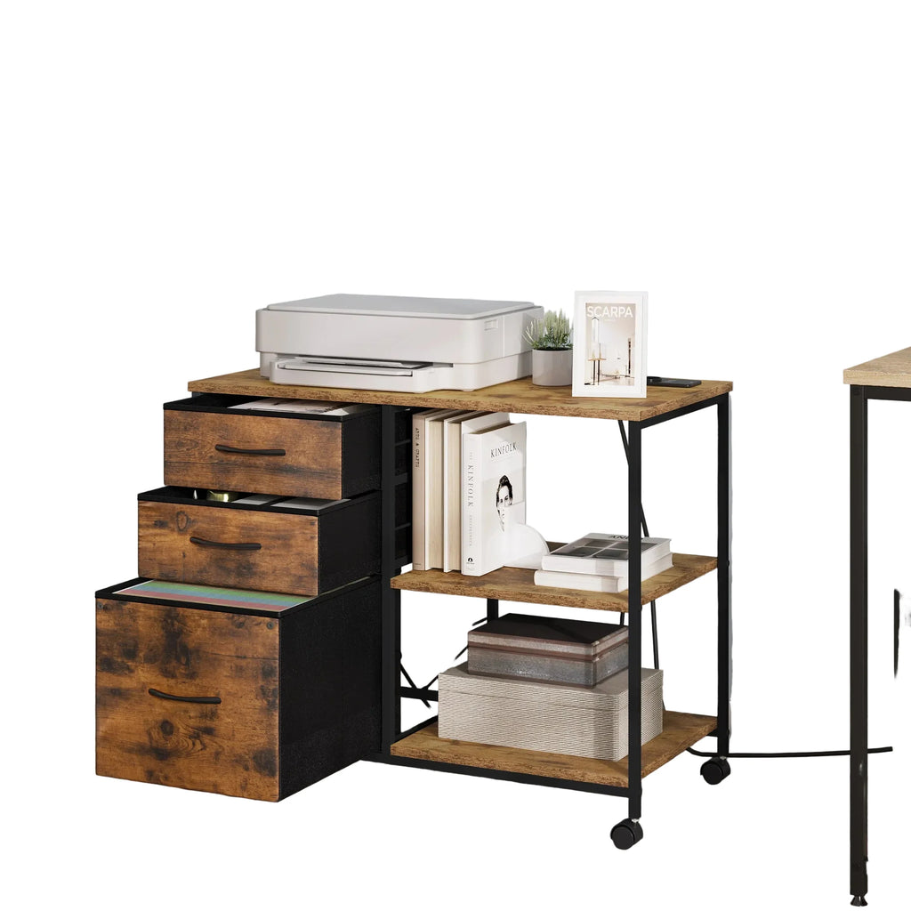 Rollcontainer 80 Ã— 66 Ã— 40 cm mit Ladestation und 3 Stoffschubladen â€“ Druckertisch auf Rollen