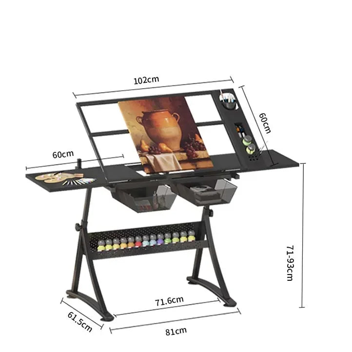 HÃ¶henverstellbarer Zeichentisch mit Glasplatte 74â€“93 cm â€“ Neigbare ArbeitsflÃ¤che 0â€“80Â°