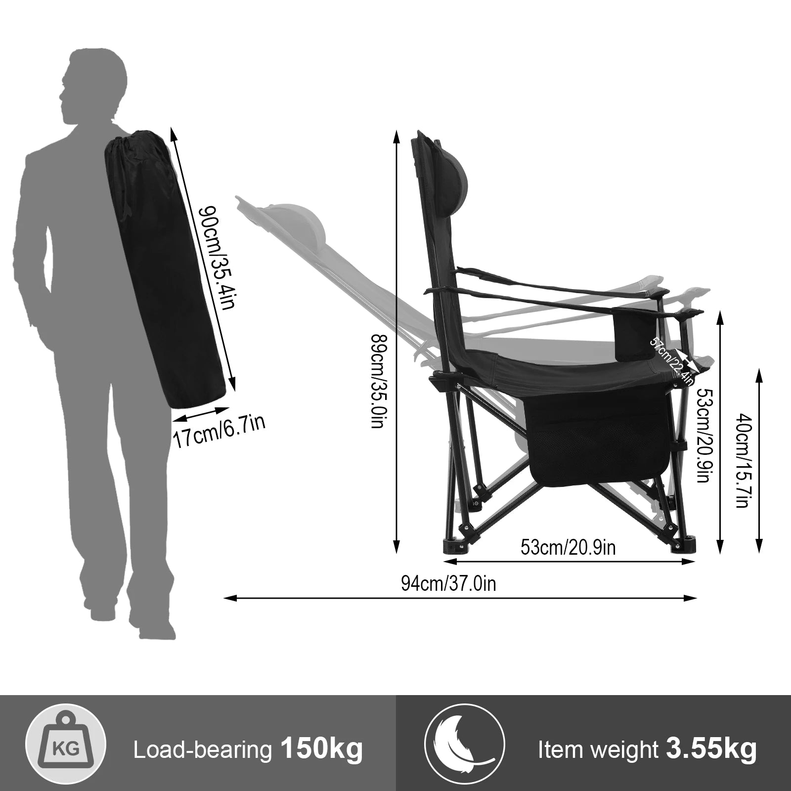 WOLTU Faltbarer Campingstuhl mit verstellbarer Rückenlehne, Kopfstütze, Getränkehalter und Tragetasche, 2-in-1 Outdoor-Stuhl und Liegestuhl bis 150 kg