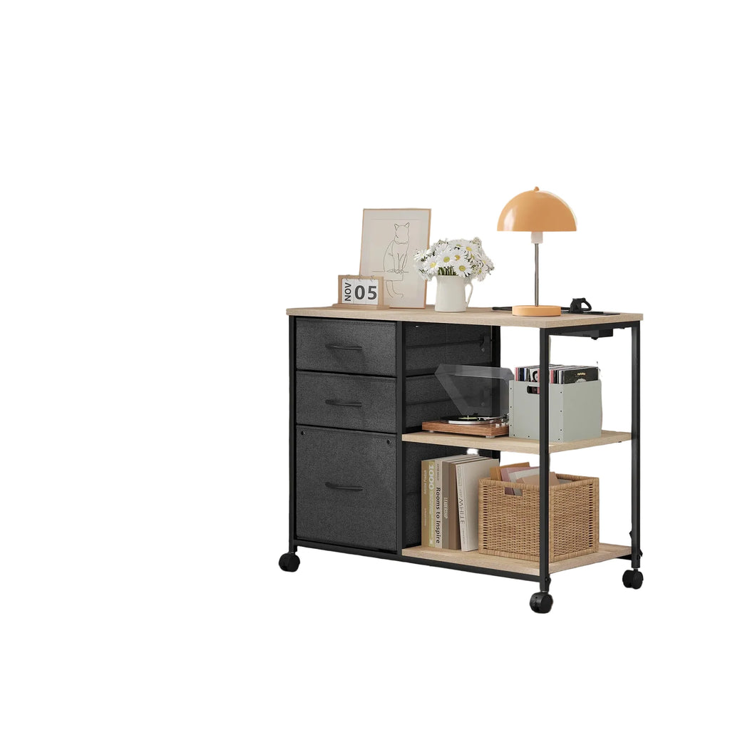 Rollcontainer 80 Ã— 66 Ã— 40 cm mit Ladestation und 3 Stoffschubladen â€“ Druckertisch auf Rollen