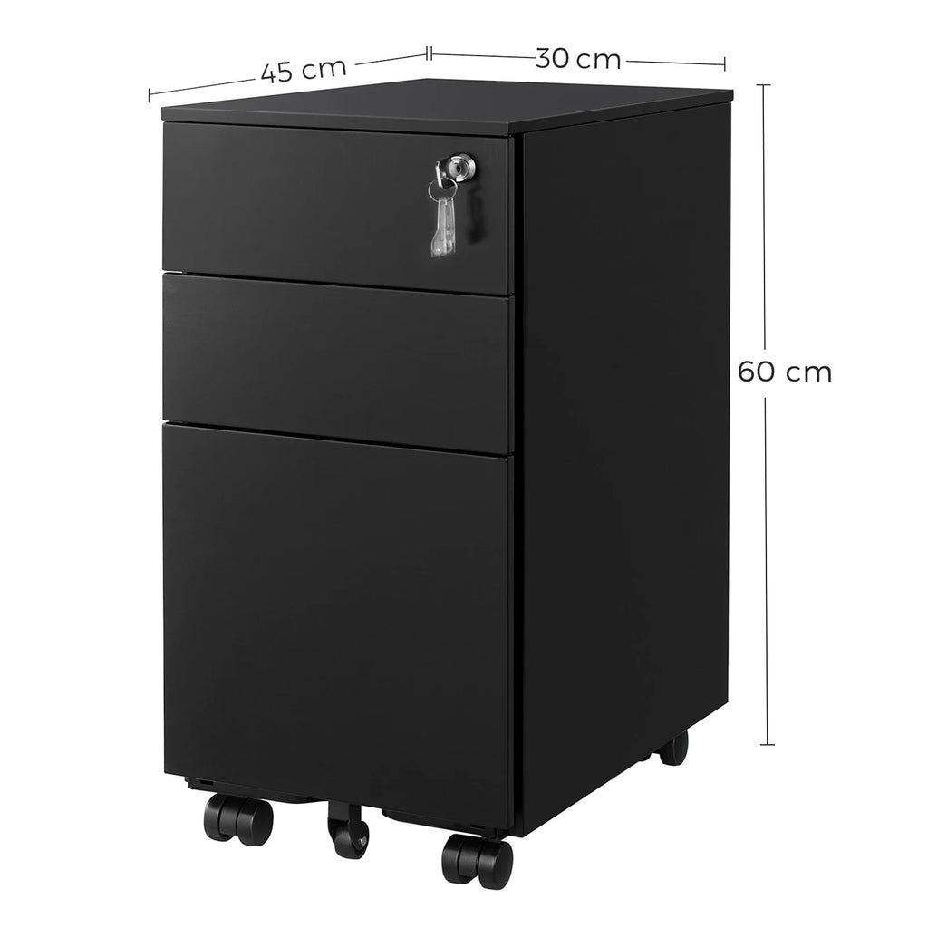 Rollcontainer 45 Ã— 30 Ã— 60 cm aus Stahl mit 3 Schubladen â€“ AbschlieÃŸbarer Aktenschrank auf Rollen