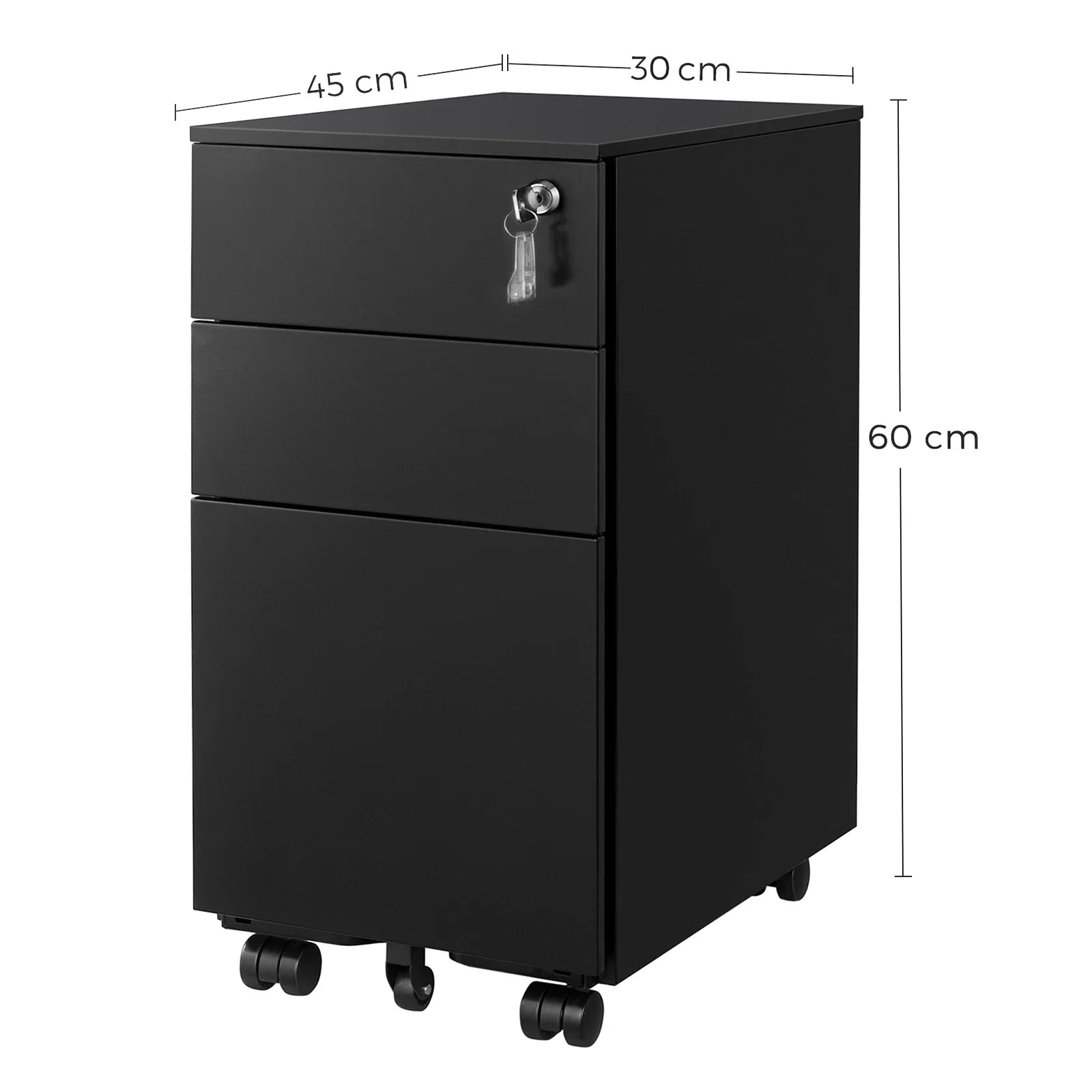 Rollcontainer 45 Ã— 30 Ã— 60 cm aus Stahl mit 3 Schubladen â€“ AbschlieÃŸbarer Aktenschrank auf Rollen