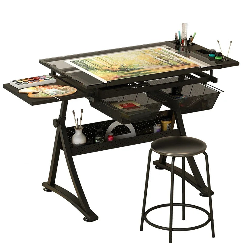 HÃ¶henverstellbarer Zeichentisch mit Glasplatte 74â€“93 cm â€“ Neigbare ArbeitsflÃ¤che 0â€“80Â°