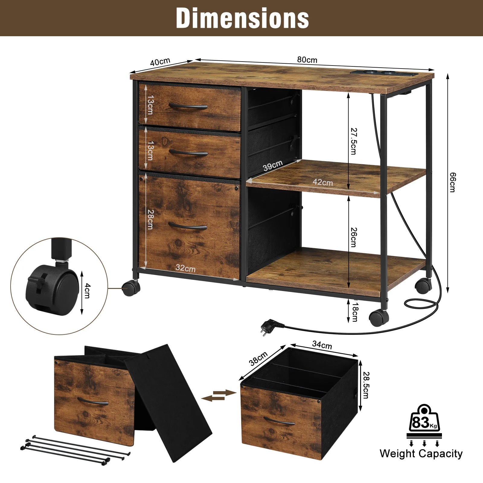Rollcontainer 80 Ã— 66 Ã— 40 cm mit Ladestation und 3 Stoffschubladen â€“ Druckertisch auf Rollen