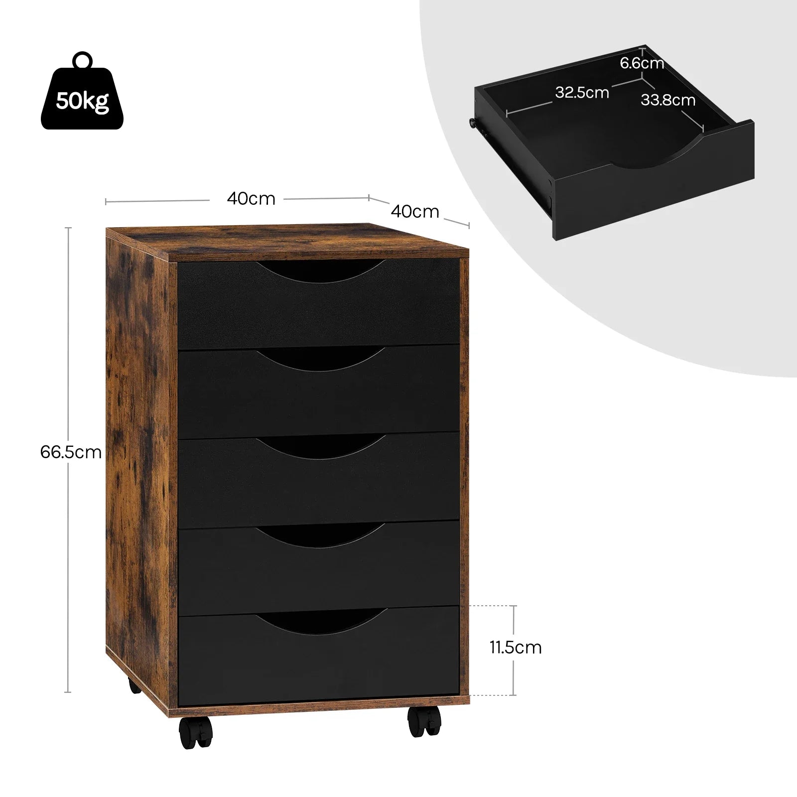 Rollcontainer 40 Ã— 40 Ã— 66,5 cm mit 5 Schubladen â€“ Aktenschrank auf Rollen